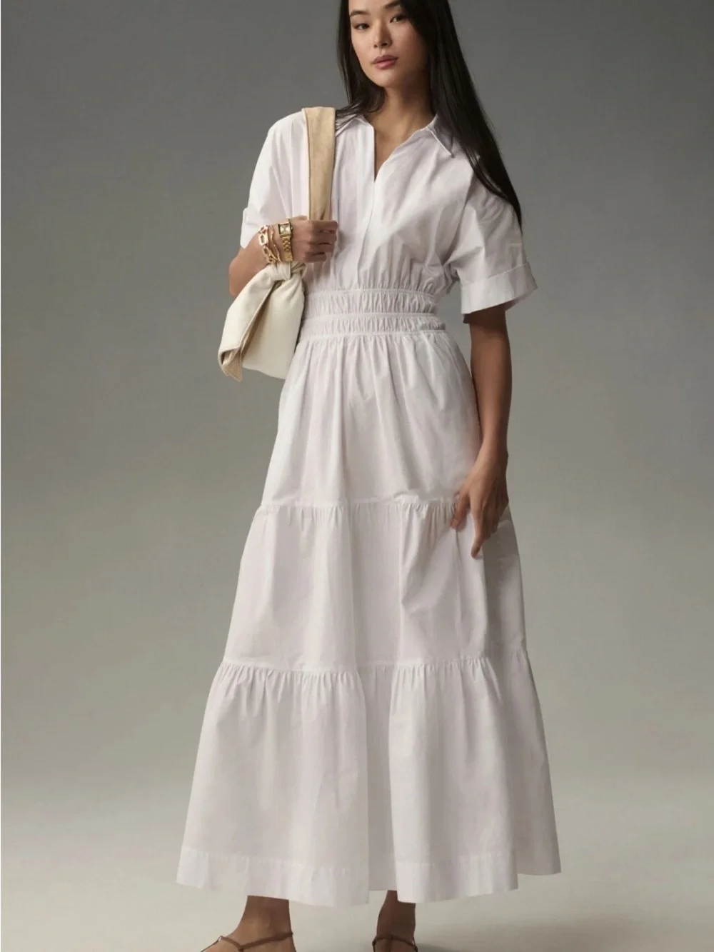 Anthropologie Shirt dress White Tiered Maxi with Smocked Waistband - Picture 1 of 13